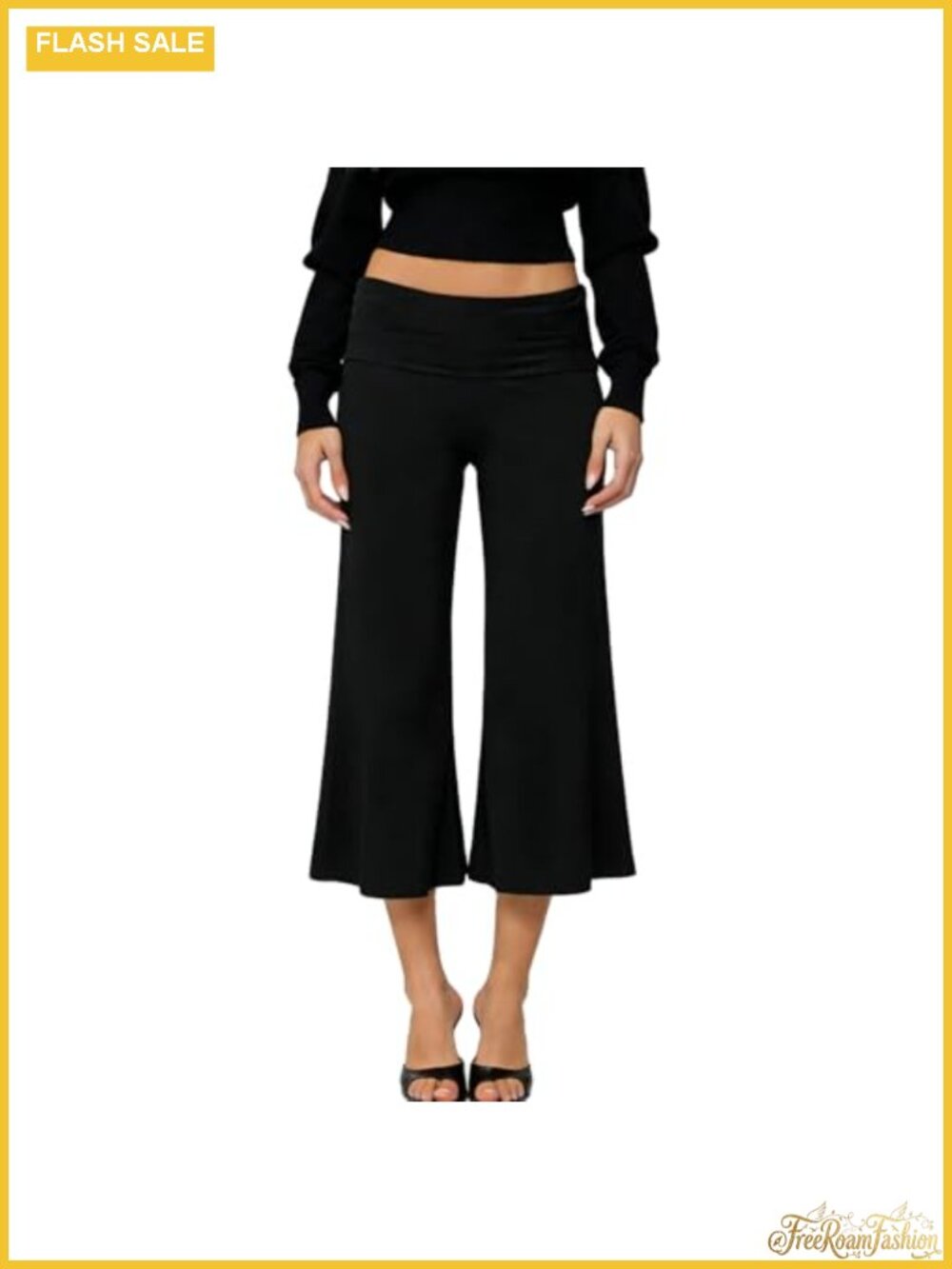 Womens Fold Over Wide Leg Gaucho Capri Pants Flowy Low Rise Yoga Lounge